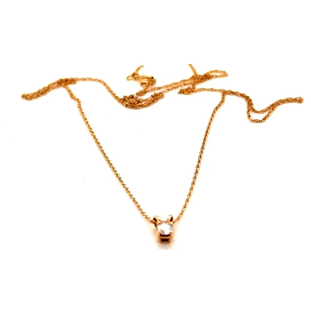 10k Yellow Gold Real Diamond Solitaire Pendant Necklace 18 Inch Rope Chain 0.69g